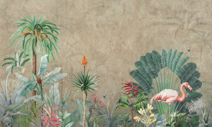 Fototapete Nachahmung eines Dschungels mit einem Flamingo auf Beton