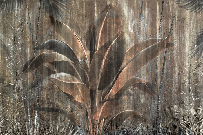 Fototapete Palmblätter in einem abstrakten dunklen Dschungel