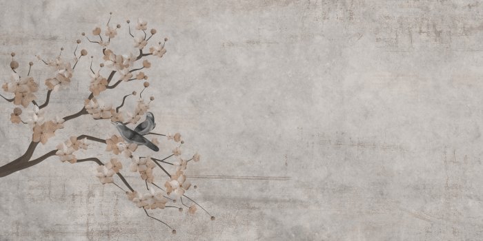 Fototapete Kirschbaum mit Vögeln an einer Betonwand