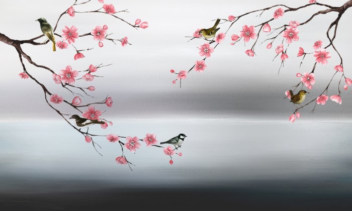 Fototapete Rosa Kirschblüten mit Vögeln in Aquarell