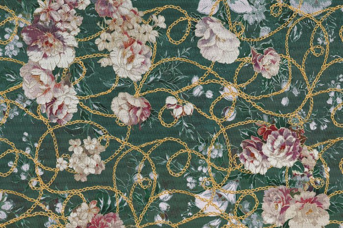 Fototapete Pfingstrosen an einer goldenen Kette auf grünem Hintergrund