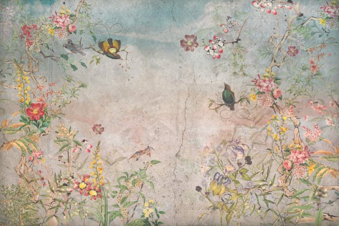 Fototapete Botanisches Muster mit Blumen und Vögeln