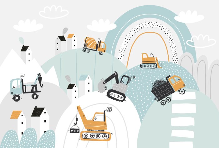 Fototapete Baumaschinen auf Hügeln zwischen Wolken