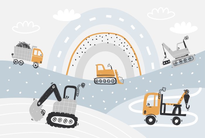 Fototapete Baumaschinen vor einem abstrakten Regenbogen