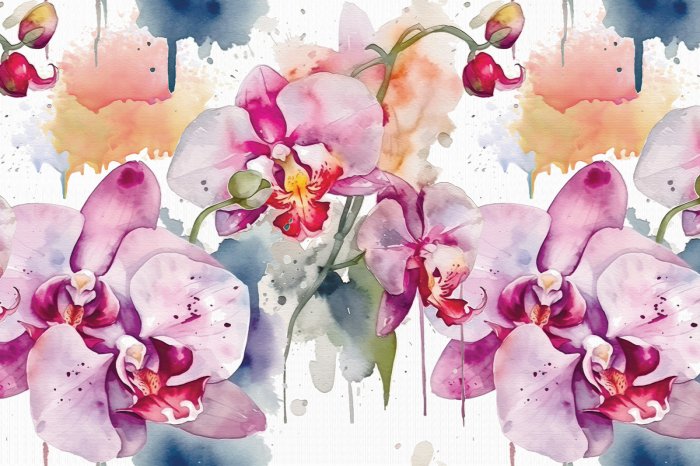 Fototapete Aquarellblätter und Orchideenblüten