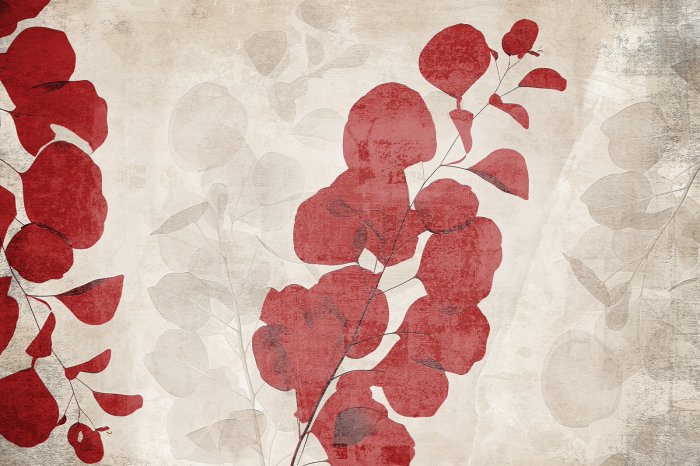 Fototapete Rote und beige Blätter auf Beton