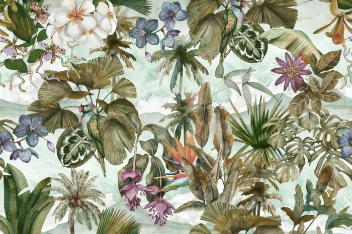 Fototapete Bunte Papagei zwischen Blättern und Blumen