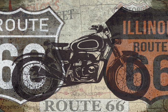 Fototapete Motorrad an der Wand mit Kalifornien-Schildern