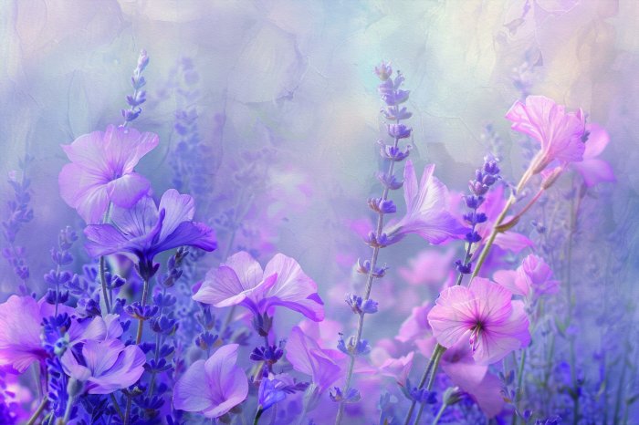 Fototapete Rosa Blumen zwischen Lavendel auf der Wiese