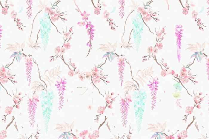 Fototapete Kirschblüten und Blätter auf zartem Hintergrund