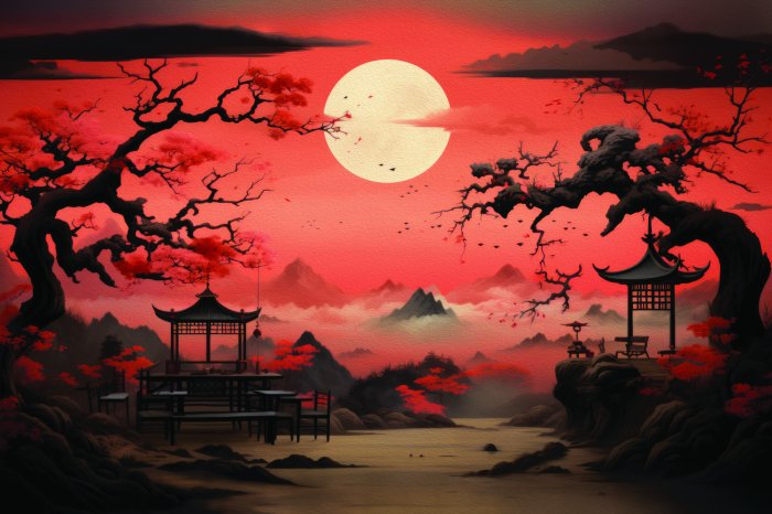 Fototapete Japanische Landschaft bei Sonnenuntergang