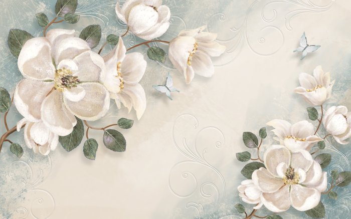 Fototapete Weiße Blumen und blaue Schmetterlinge zwischen Ornamenten