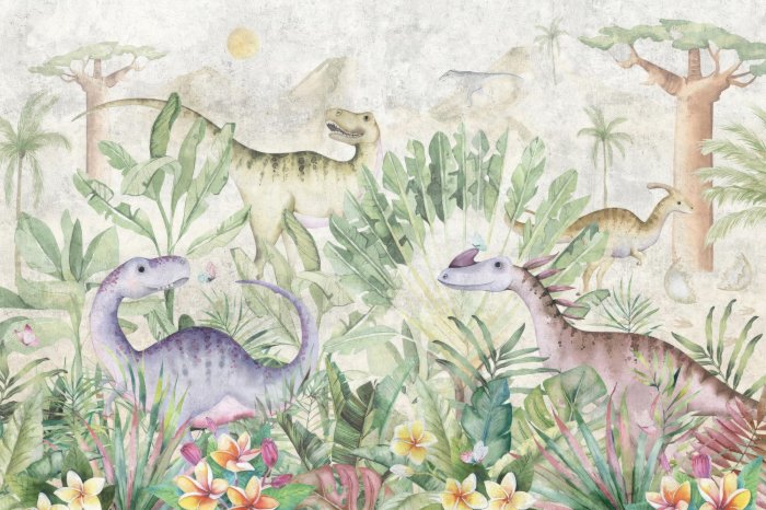 Fototapete Bunte Dinosaurier in tropischer Vegetation