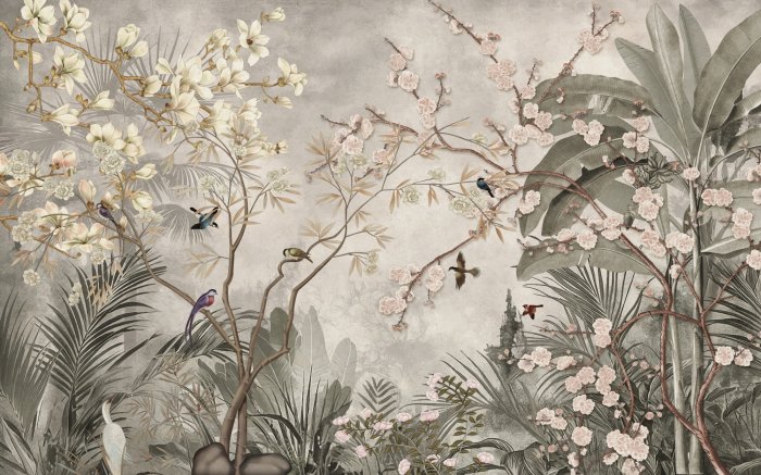 Fototapete Vögel inmitten tropischem Dschungel und exotischen Blättern