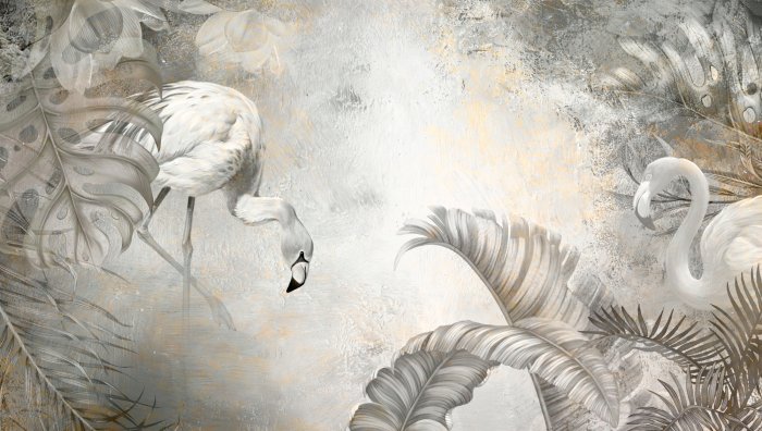 Fototapete Flamingos und tropische Blätter vor Betonhintergrund