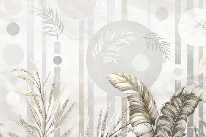 Fototapete Exotische Blätter vor einem Hintergrund mit geometrischen Formen