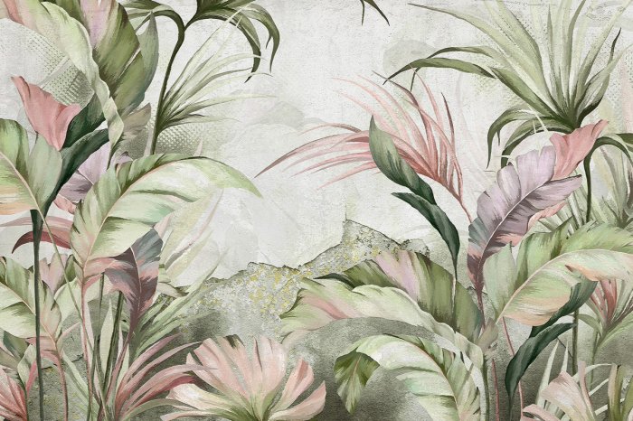 Fototapete Tropische Landschaft pastellfarbene Blätter auf Betonthintergrund