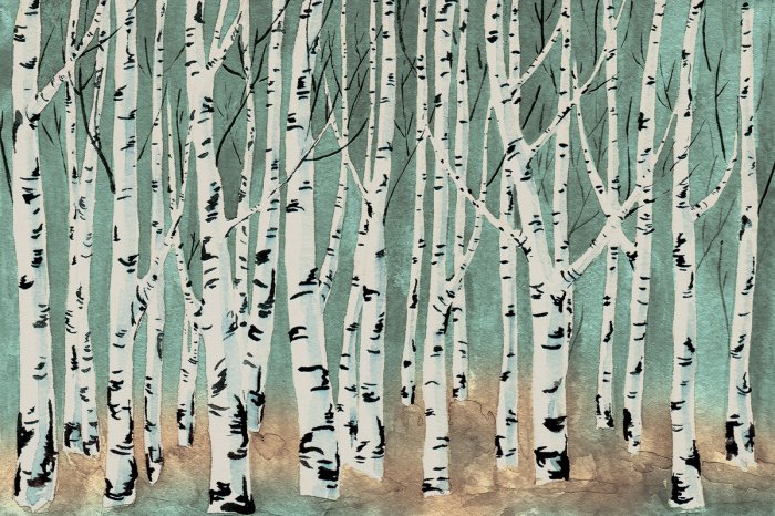 Fototapete Birken in einer Aquarelllandschaft