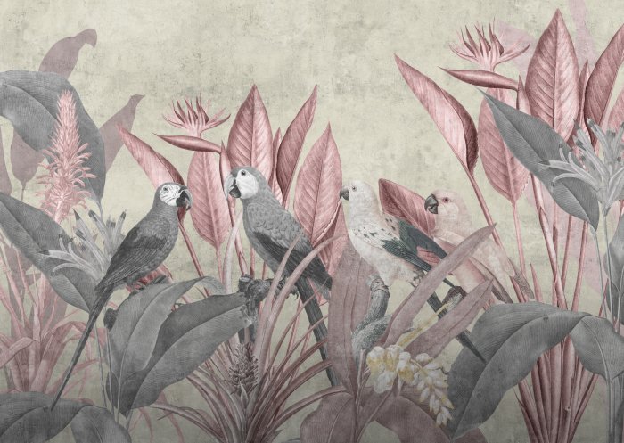 Fototapete Papageien vor tropischen Pflanzen