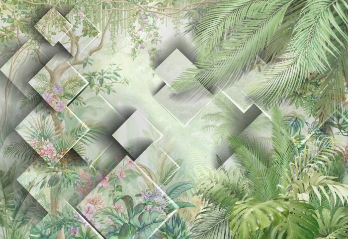 Fototapete Grüne Dschungellandschaft mit moderner 3D-Geometrie