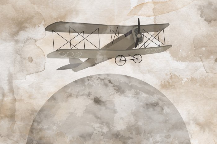 Fototapete Mond und Flugzeug in einer pastellfarbenen Aquarellillustration