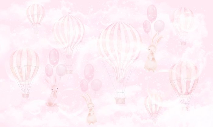 Fototapete Kaninchen mit Ballons vor rosa Aquarellhimmel