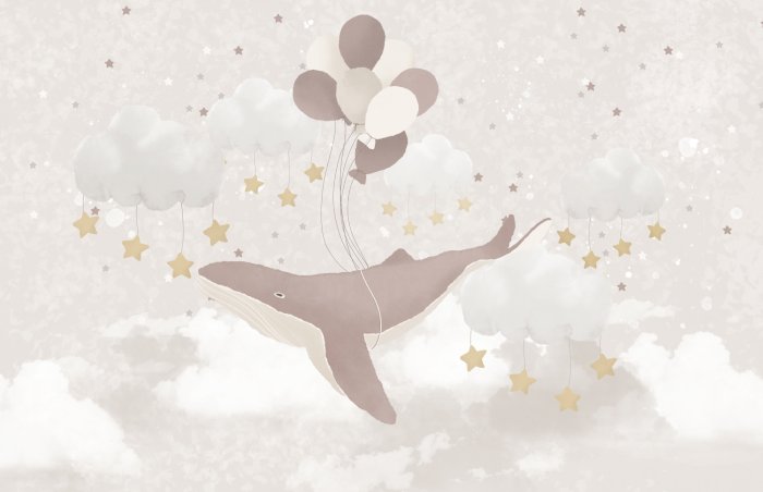 Fototapete Fliegender Wal mit Ballons zwischen Sternen und Wolken