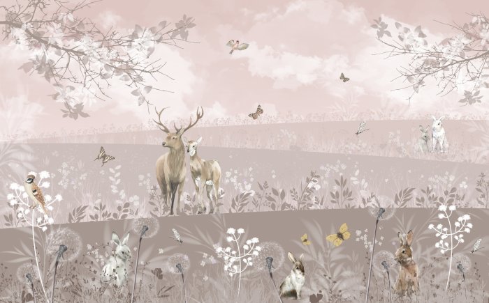 Fototapete Landschaft einer wilden Lichtung mit Hirsch und Waldtieren