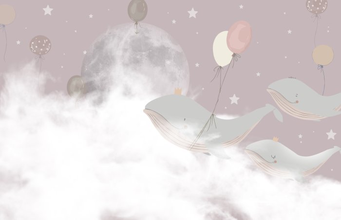 Fototapete Wale mit Luftballons vor einem rosa Himmel