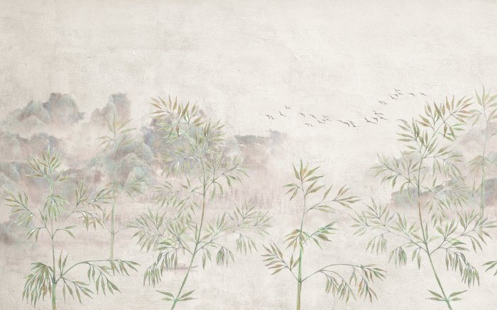 Fototapete Bambusbäume mit fliegenden Vögeln auf strukturiertem Hintergrund