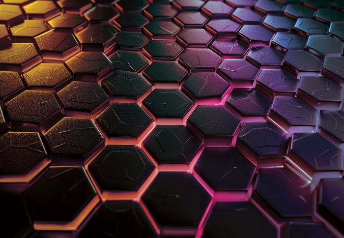 Fototapete Geometrisches Muster mit schwarzen Hexagonen und Neonlicht