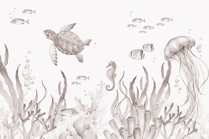 Fototapete Unterwasserwelt mit Meerestieren Aquarell Kinderillustration