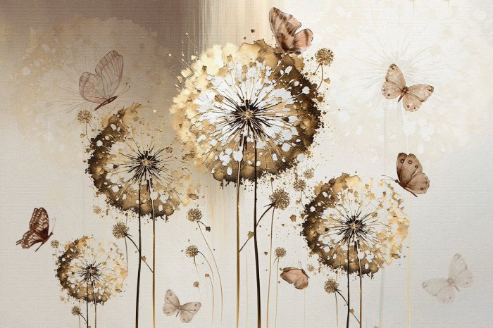 Fototapete Blumen Löwenzahn und Schmetterlinge auf strukturiertem Hintergrund elegantes Muster