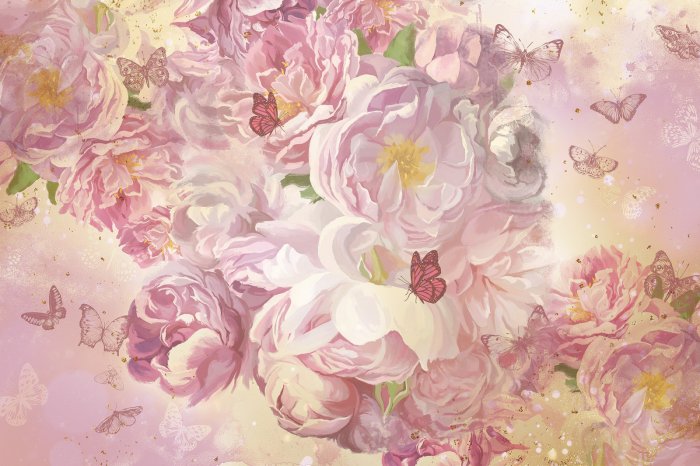 Fototapete Rosa Blumen und Schmetterlinge Muster im Malstil