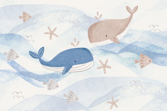 Fototapete Kinderpattern mit Walen und Fischen in einer Meereslandschaft Aquarell