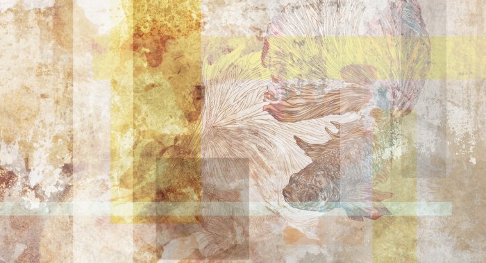 Fototapete Geometrische Formen und Fische auf aquarelliertem strukturiertem Hintergrund künstlerisches Motiv