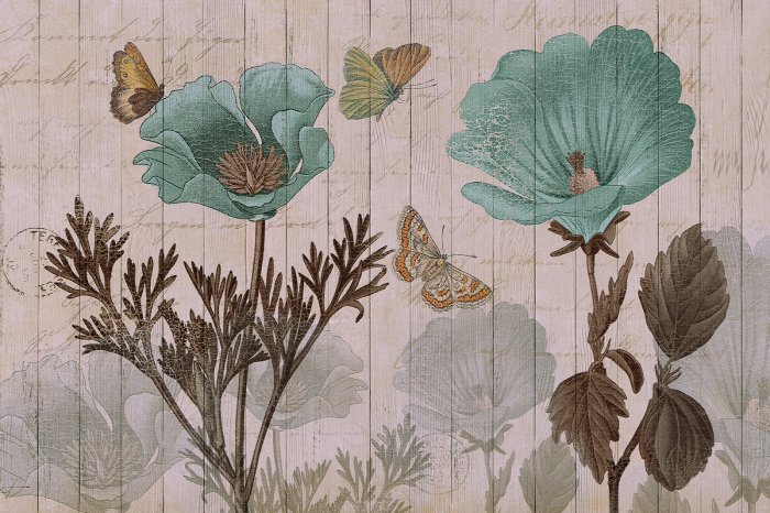 Fototapete Schmetterlinge und blaue Blumen auf Holzuntergrund botanisches Muster im Vintage Stil