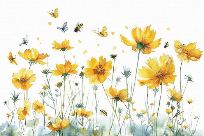 Fototapete Botanisches muster mit gelben wildblumen schmetterlingen und insekten natürliches motiv