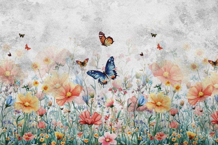 Fototapete Schmetterlinge über einer bunten blumenwiese auf strukturiertem hintergrund in grautönen