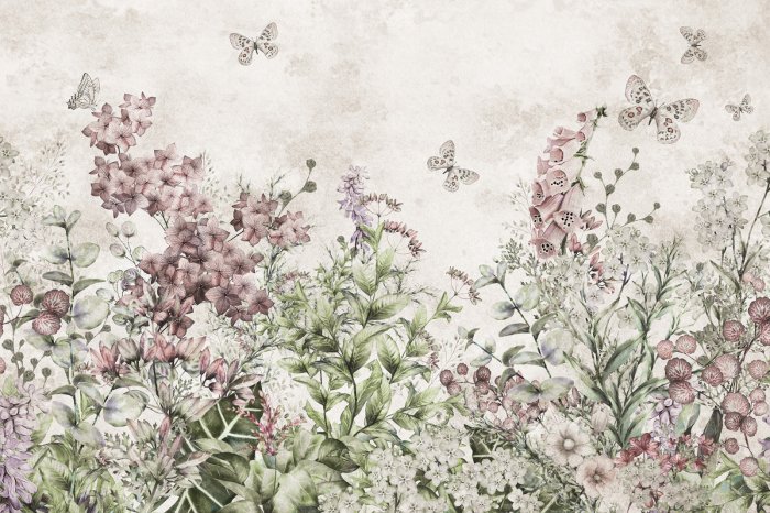 Fototapete Schmetterlinge auf einer blumigen Wiese, Aquarell-Botanisches Muster auf hellem Hintergrund