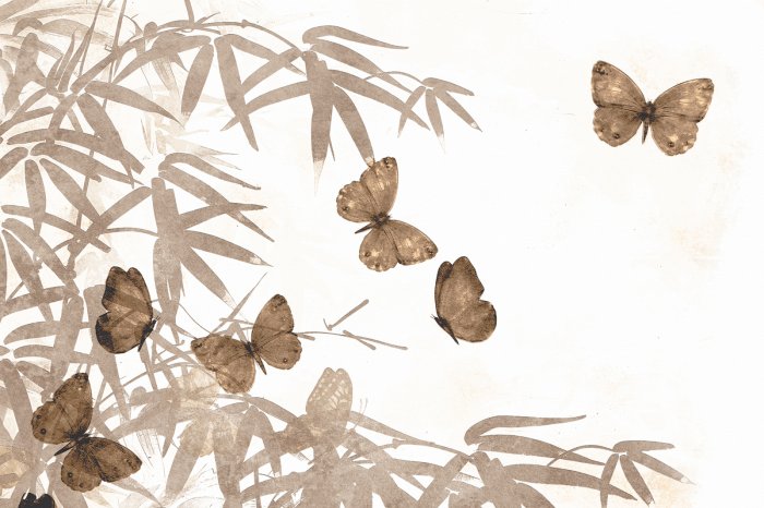 Fototapete Aquarell beige Schmetterlinge mit Bambuszweigen auf weißem Hintergrund, natürliches Motiv