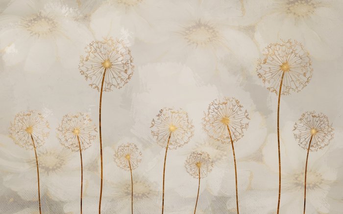 Fototapete Abstrakte Löwenzahnblumen in goldener Farbe vor einem Hintergrund zarter gemalter Blumen