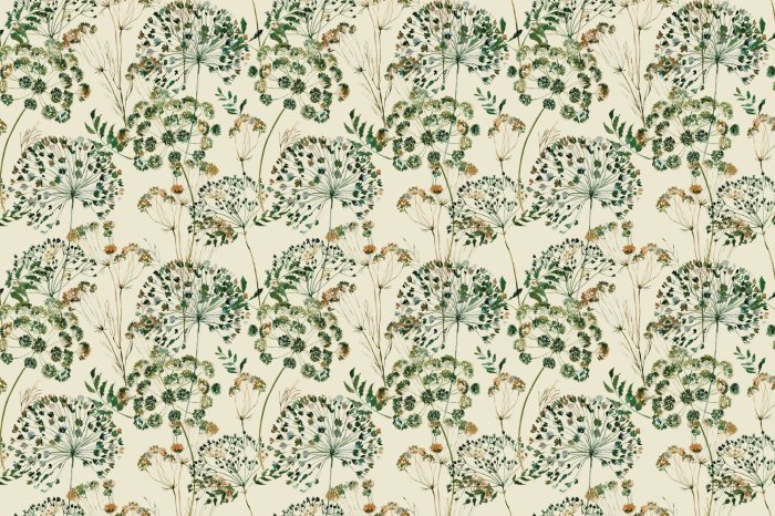 Fototapete Aquarell-Löwenzahn und Wildblumen, zartes Pflanzenmotiv auf hellem Hintergrund