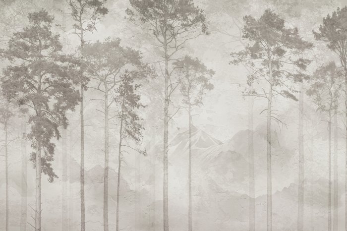 Fototapete Minimalistische Landschaft mit Bäumen vor sanften Bergen im natürlichen Stil