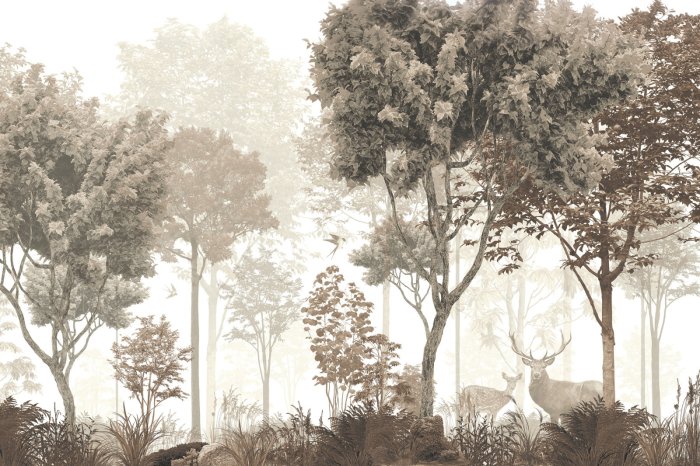 Fototapete Vintage-Waldmotiv mit Hirsch und Reh in natürlicher Landschaft