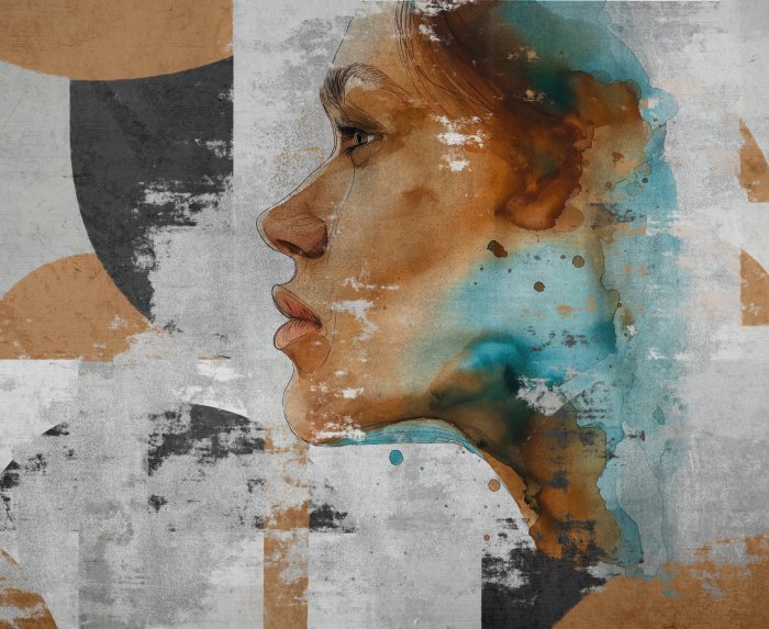 Fototapete Künstlerisches Porträt einer Frau mit geometrischen Motiven im Aquarellstil