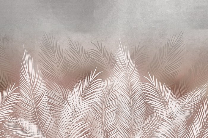Fototapete Pflanzenmuster mit Palmenblättern in Beige- und Weißtönen auf Betonstruktur