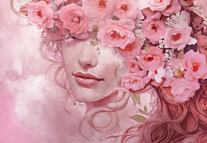 Fototapete Porträt eines weiblichen Gesichts zwischen Blumen im Aquarellstil