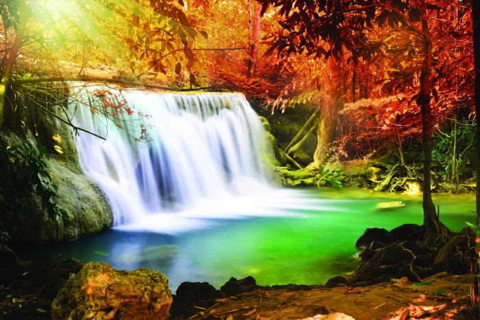 Fototapete Sonnenaufgang im herbstlichen Wald mit Wasserfall