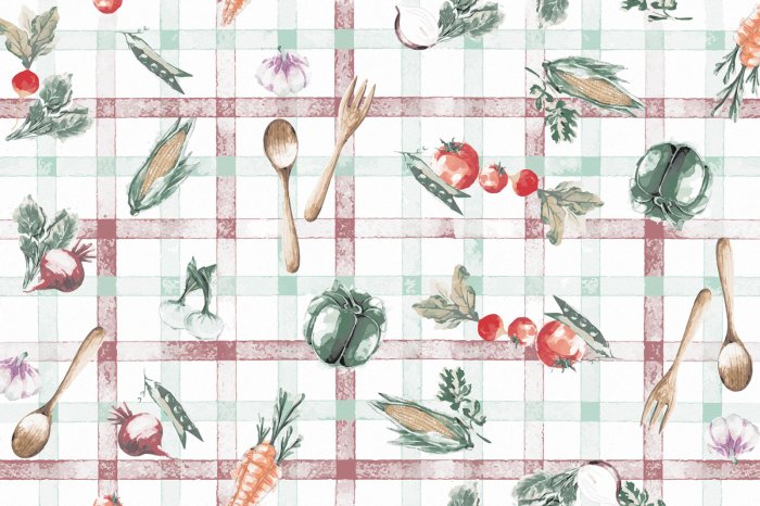 Fototapete Obst und Gemüse vor kariertem Tischtuchhintergrund